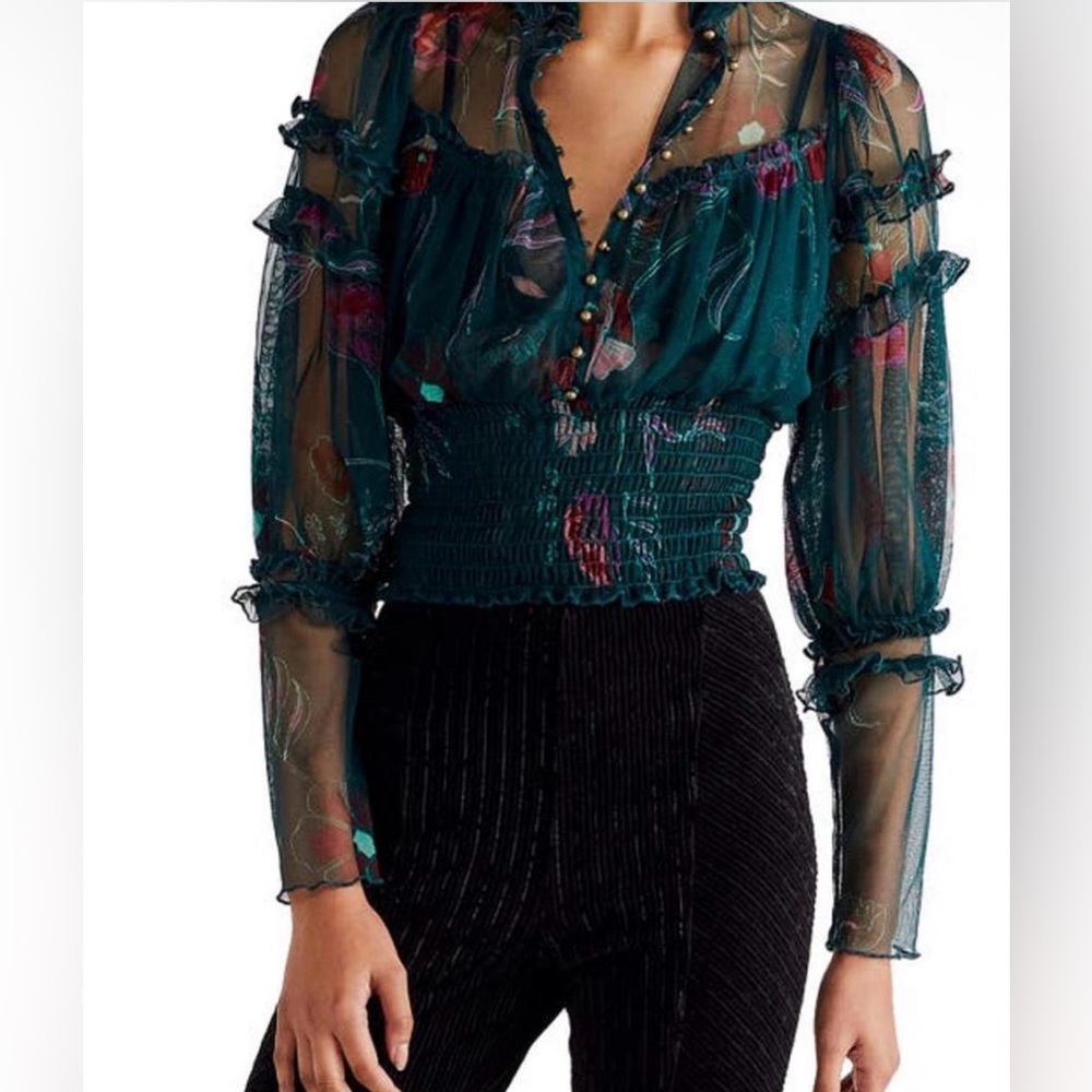 Free People Time For Shine Mesh Floral Smocked Blouse L - Picture 6 of 6